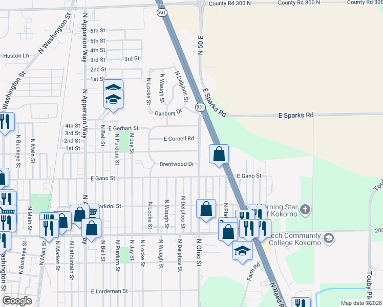 map of restaurants, bars, coffee shops, grocery stores, and more near 1156 East Fischer Street in Kokomo