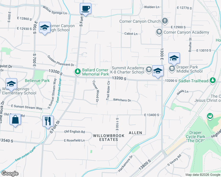 map of restaurants, bars, coffee shops, grocery stores, and more near 13253 Trail Rider Circle in Draper