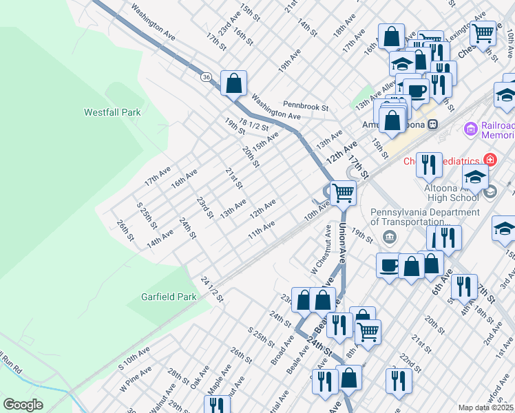 map of restaurants, bars, coffee shops, grocery stores, and more near 2028 12th Avenue in Altoona