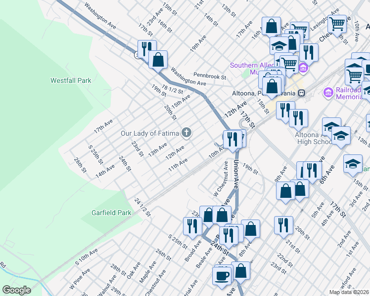 map of restaurants, bars, coffee shops, grocery stores, and more near 2006 11th Avenue in Altoona
