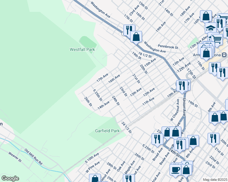 map of restaurants, bars, coffee shops, grocery stores, and more near 2319-21 15th Avenue in Altoona