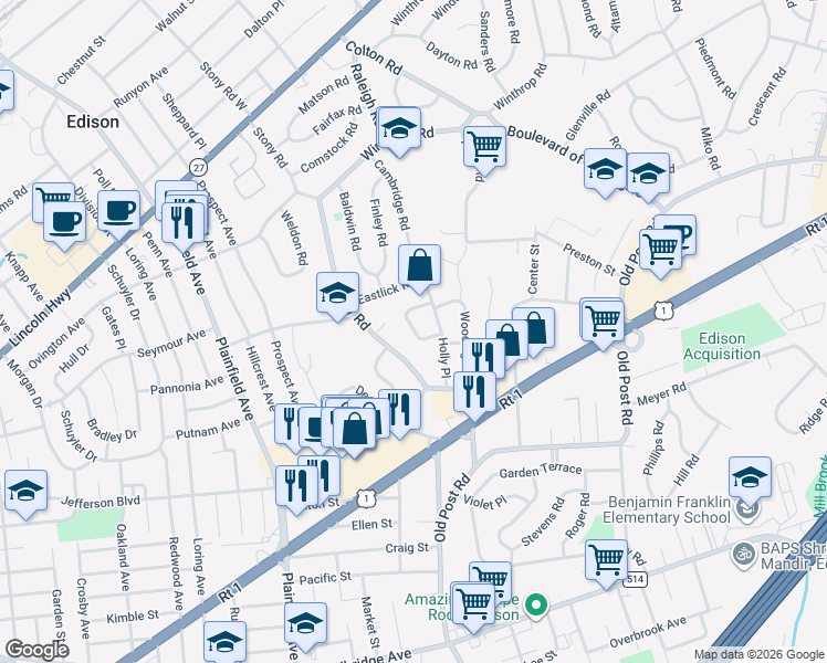 map of restaurants, bars, coffee shops, grocery stores, and more near 9 Brox Road in Edison