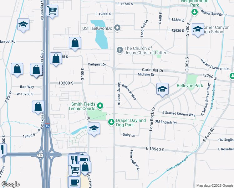 map of restaurants, bars, coffee shops, grocery stores, and more near 13244 Cherry Crest Drive in Draper