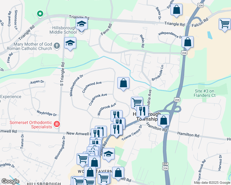 map of restaurants, bars, coffee shops, grocery stores, and more near 26 Meadowbrook Drive in Hillsborough Township