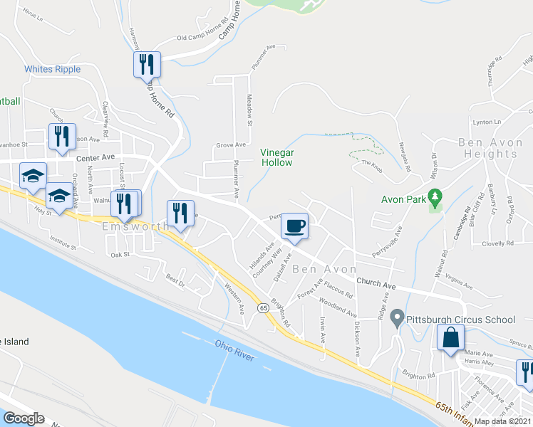 map of restaurants, bars, coffee shops, grocery stores, and more near 7428 Perrysville Avenue in Pittsburgh