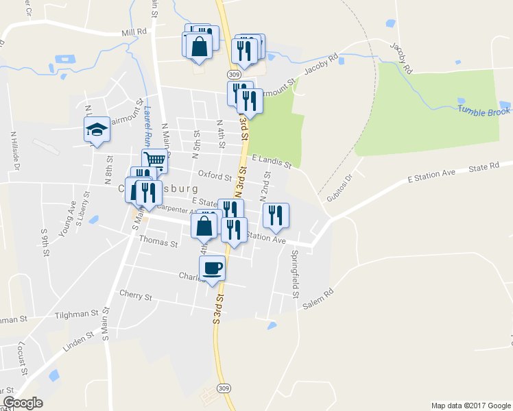 map of restaurants, bars, coffee shops, grocery stores, and more near 201 East State Street in Coopersburg