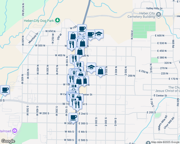 map of restaurants, bars, coffee shops, grocery stores, and more near 101 East 200 North in Heber City