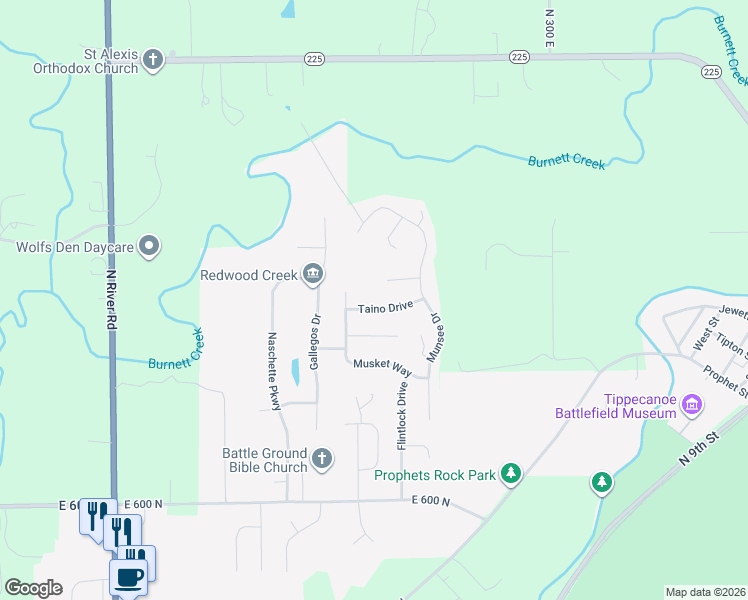 map of restaurants, bars, coffee shops, grocery stores, and more near 2486 Taino Dr in West Lafayette