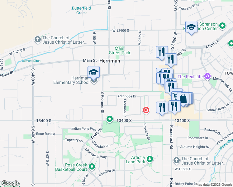 map of restaurants, bars, coffee shops, grocery stores, and more near 5922 Arlinridge Dr in Herriman