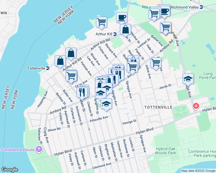 map of restaurants, bars, coffee shops, grocery stores, and more near 7357 Amboy Road in Staten Island