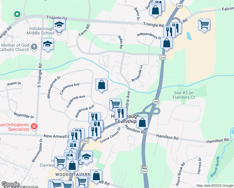 map of restaurants, bars, coffee shops, grocery stores, and more near 16 Deanna Drive in Somerset County