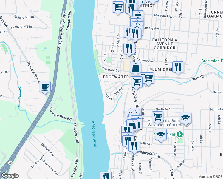 map of restaurants, bars, coffee shops, grocery stores, and more near 9 Allegheny River Boulevard in Oakmont