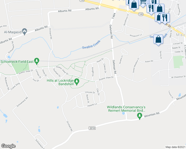 map of restaurants, bars, coffee shops, grocery stores, and more near 3773 Knight Drive in Macungie