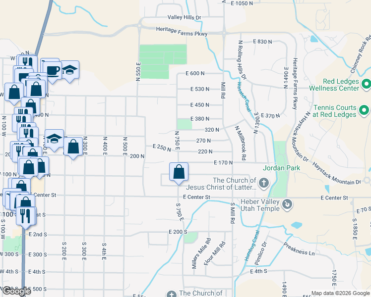 map of restaurants, bars, coffee shops, grocery stores, and more near 876 220 North in Heber City