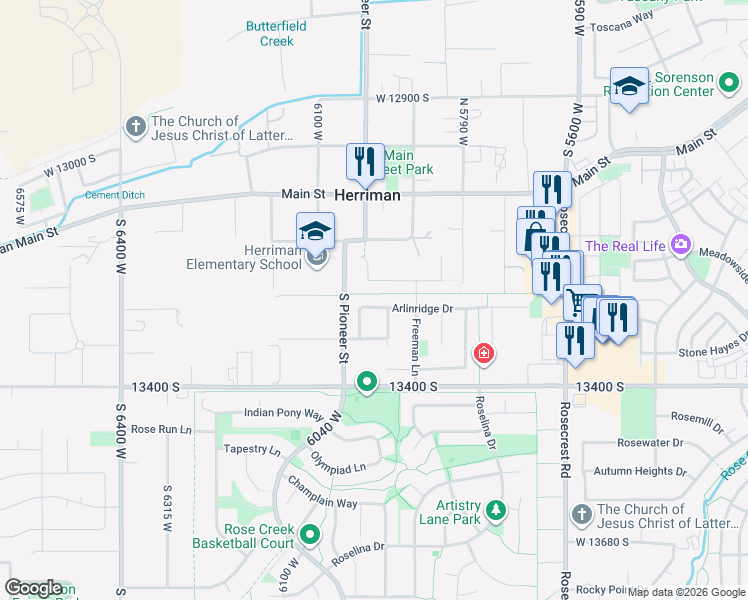 map of restaurants, bars, coffee shops, grocery stores, and more near 5922 Arlinridge Drive in Herriman