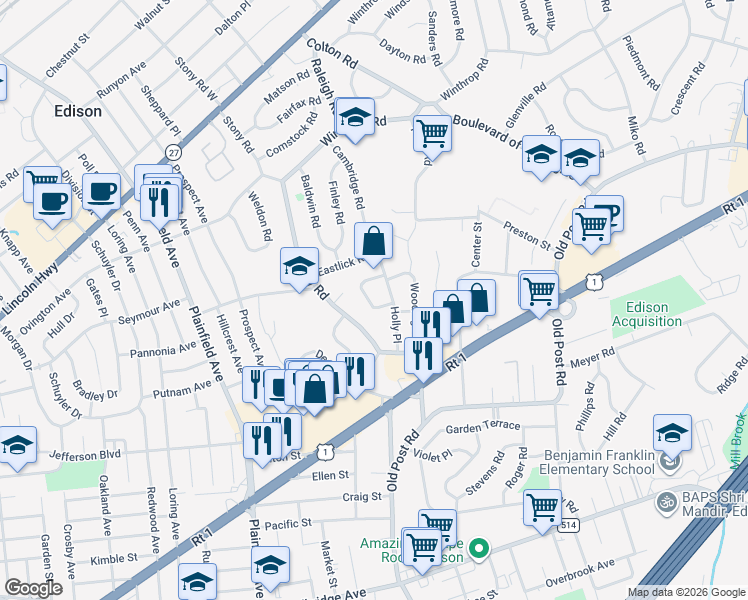 map of restaurants, bars, coffee shops, grocery stores, and more near 9 Brox Road in Edison