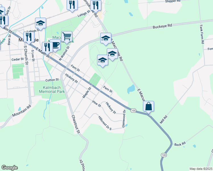 map of restaurants, bars, coffee shops, grocery stores, and more near 823 Fern Street in Macungie