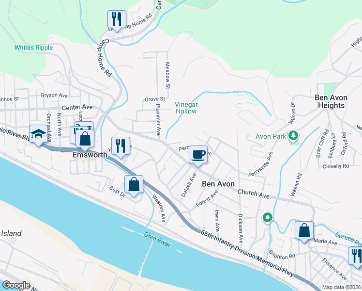map of restaurants, bars, coffee shops, grocery stores, and more near 7428 Perrysville Avenue in Pittsburgh