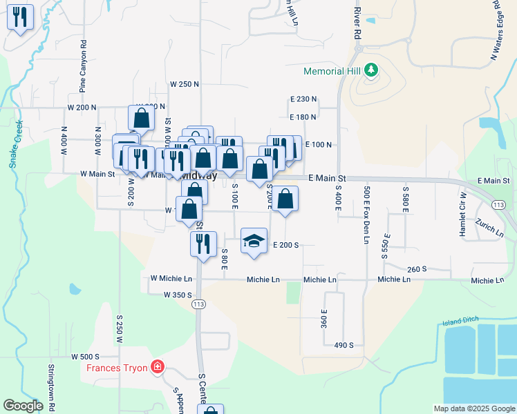 map of restaurants, bars, coffee shops, grocery stores, and more near 165 East 100 South in Midway