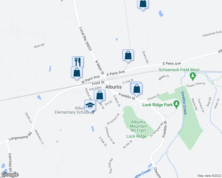 map of restaurants, bars, coffee shops, grocery stores, and more near W 2nd St & S Main St in Alburtis