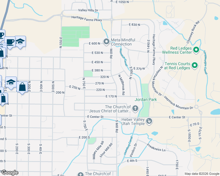 map of restaurants, bars, coffee shops, grocery stores, and more near 1103 220 North in Heber City