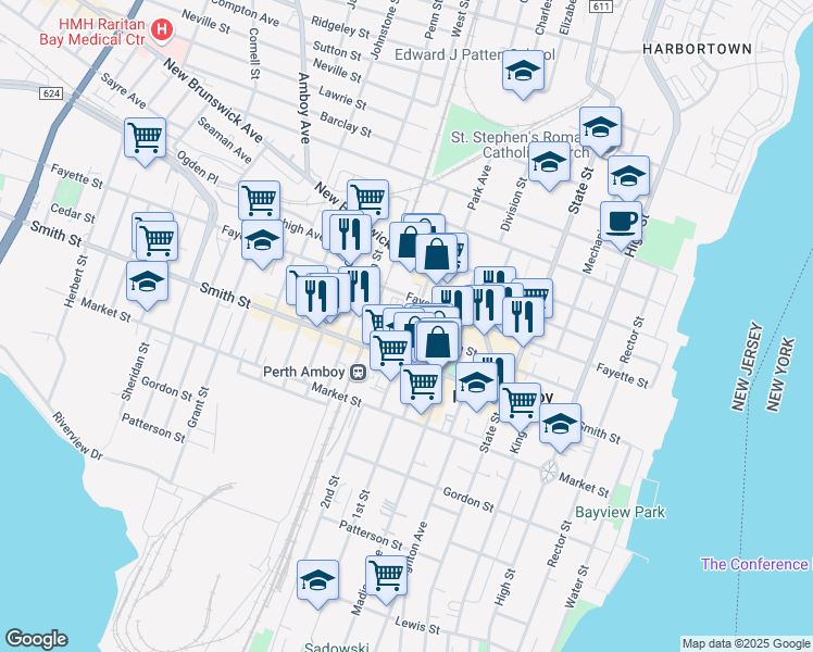 map of restaurants, bars, coffee shops, grocery stores, and more near 185 Jefferson Street in Perth Amboy
