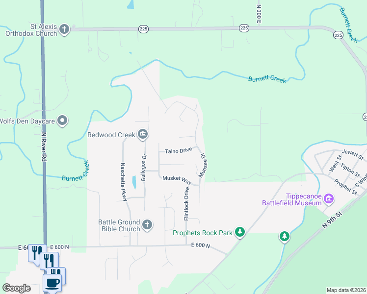 map of restaurants, bars, coffee shops, grocery stores, and more near 2496 Taino Dr in West Lafayette
