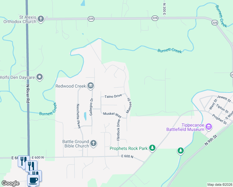 map of restaurants, bars, coffee shops, grocery stores, and more near 2496 Taino Dr in West Lafayette