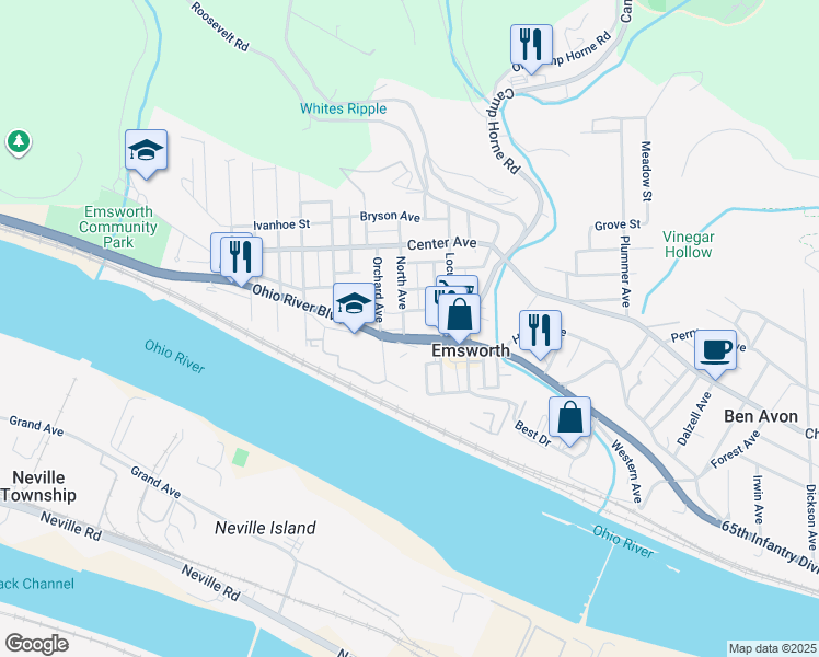 map of restaurants, bars, coffee shops, grocery stores, and more near 140 North Avenue in Emsworth