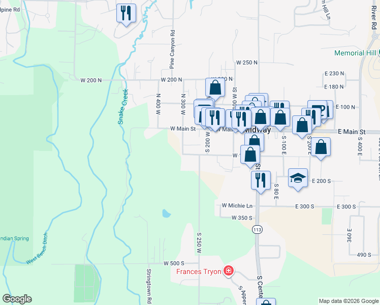 map of restaurants, bars, coffee shops, grocery stores, and more near 120 West 250 North in Midway