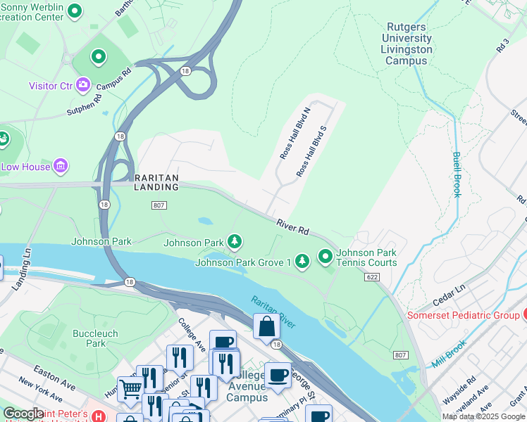 map of restaurants, bars, coffee shops, grocery stores, and more near 1371 County Road 622 in Piscataway