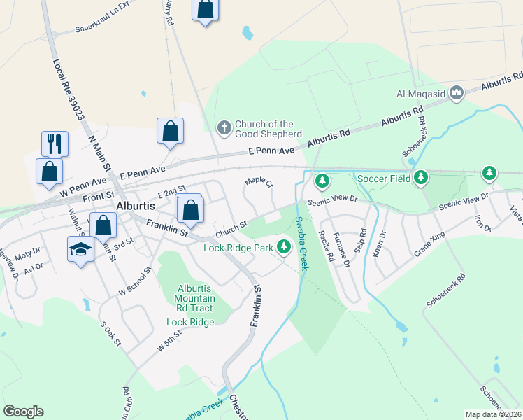 map of restaurants, bars, coffee shops, grocery stores, and more near 195 Maple Court in Alburtis