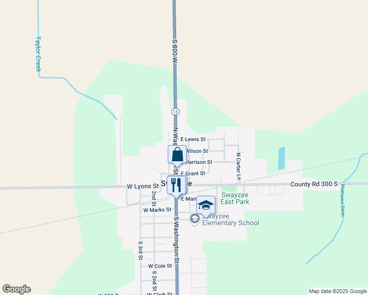 map of restaurants, bars, coffee shops, grocery stores, and more near 105 E Wilson St in Swayzee