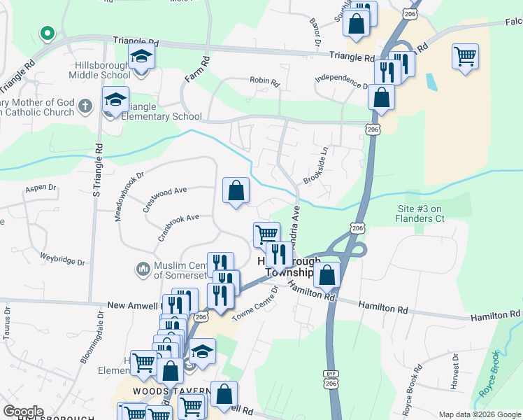 map of restaurants, bars, coffee shops, grocery stores, and more near 24 Deanna Drive in Hillsborough Township