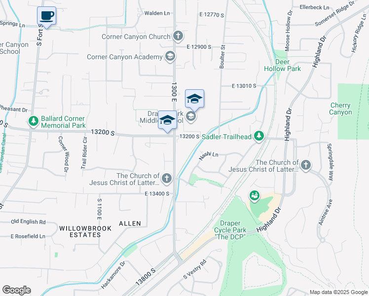 map of restaurants, bars, coffee shops, grocery stores, and more near 13239 South 1300 East in Draper