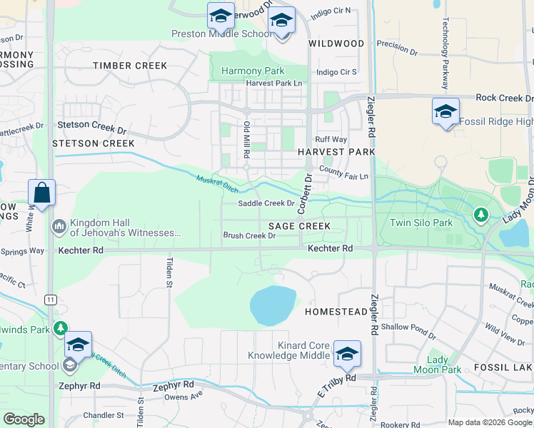 map of restaurants, bars, coffee shops, grocery stores, and more near 2715 Sage Creek Road in Fort Collins