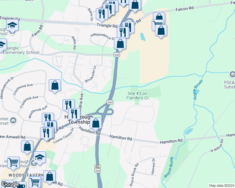 map of restaurants, bars, coffee shops, grocery stores, and more near 351 U.S. 206 in Hillsborough Township