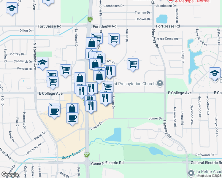 map of restaurants, bars, coffee shops, grocery stores, and more near 1712 East College Avenue in Normal