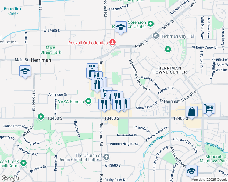 map of restaurants, bars, coffee shops, grocery stores, and more near 13313 South Woods Park Drive in Herriman