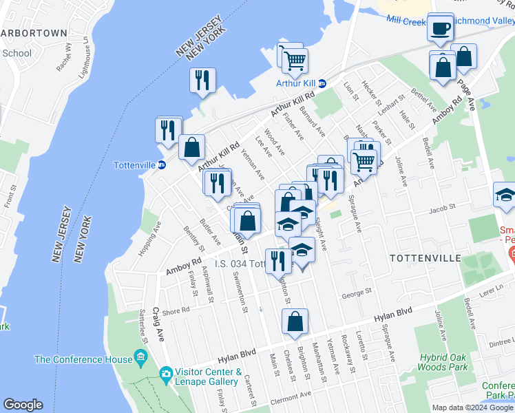 map of restaurants, bars, coffee shops, grocery stores, and more near 205 Johnson Avenue in Staten Island