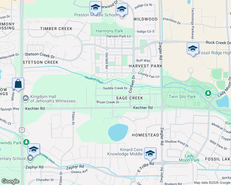 map of restaurants, bars, coffee shops, grocery stores, and more near 2715 Sage Creek Road in Fort Collins