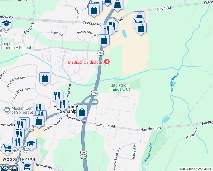 map of restaurants, bars, coffee shops, grocery stores, and more near 113 Flanders Drive in Somerset County