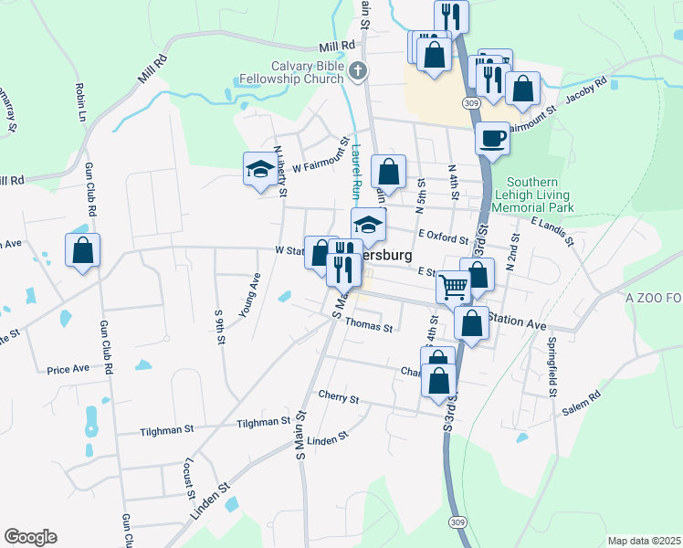 map of restaurants, bars, coffee shops, grocery stores, and more near 42 South Main Street in Coopersburg