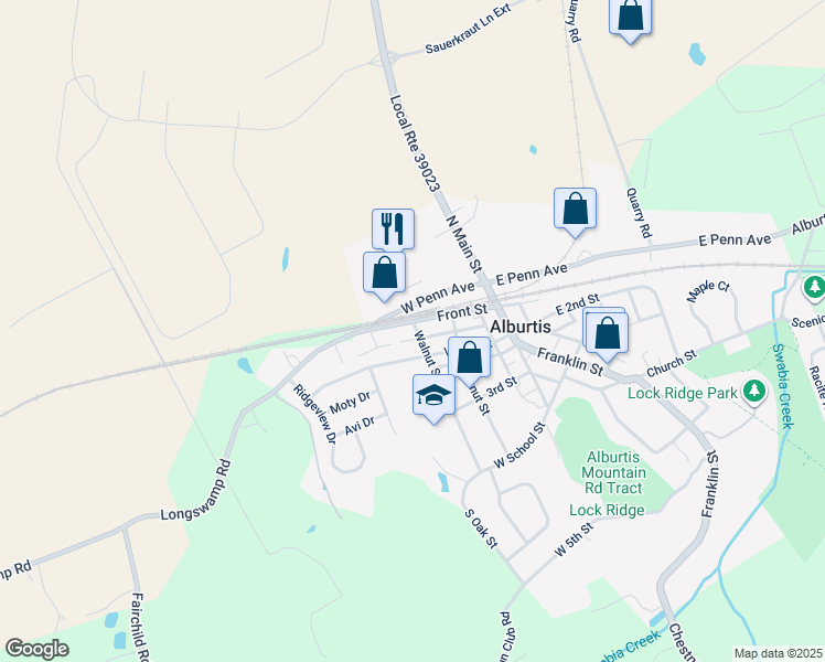 map of restaurants, bars, coffee shops, grocery stores, and more near 206 Front Street in Alburtis