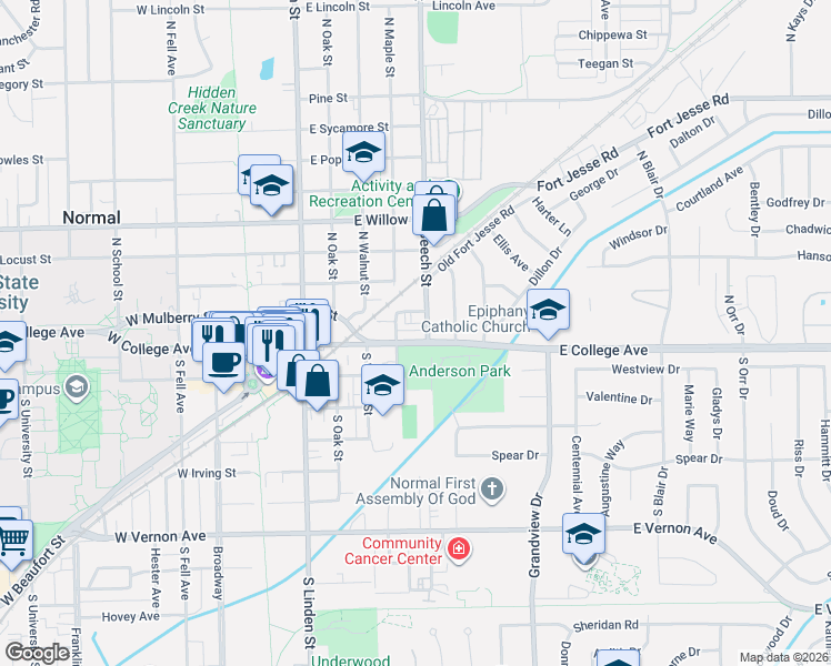 map of restaurants, bars, coffee shops, grocery stores, and more near 502 East College Avenue in Normal