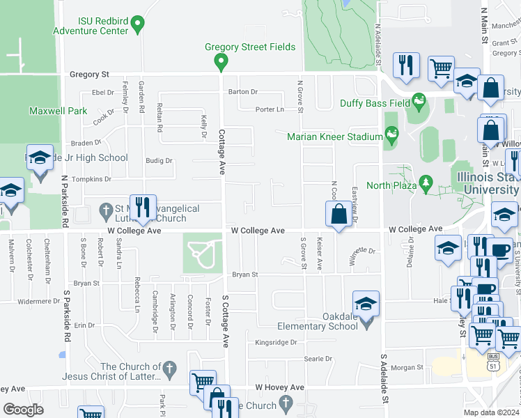map of restaurants, bars, coffee shops, grocery stores, and more near 1117 Parliament Road in Normal
