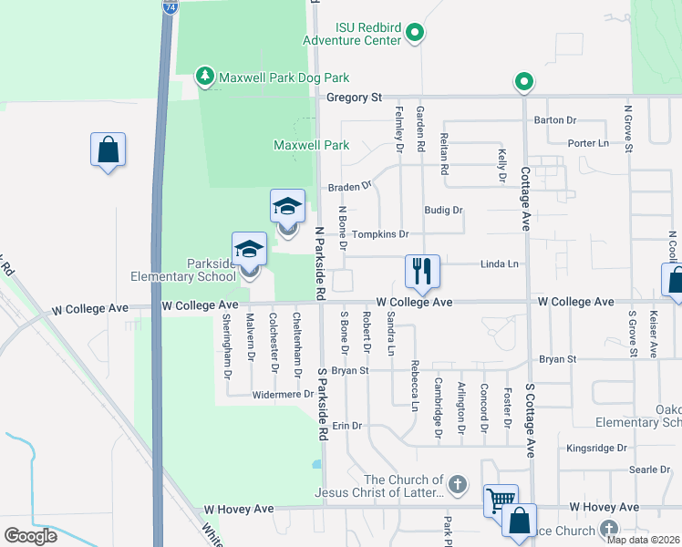 map of restaurants, bars, coffee shops, grocery stores, and more near 1721 King Drive in Normal