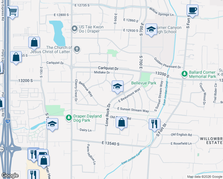 map of restaurants, bars, coffee shops, grocery stores, and more near 13272 South Cascade Glen Drive in Draper