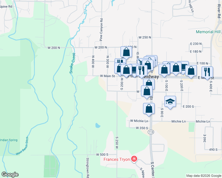 map of restaurants, bars, coffee shops, grocery stores, and more near 280 West 100 South in Midway