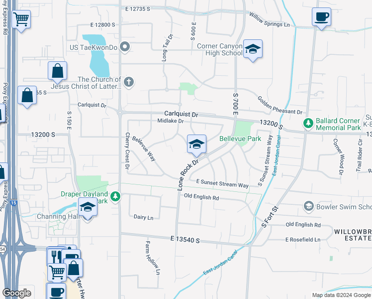 map of restaurants, bars, coffee shops, grocery stores, and more near 13258 South Cascade Glen Drive in Draper